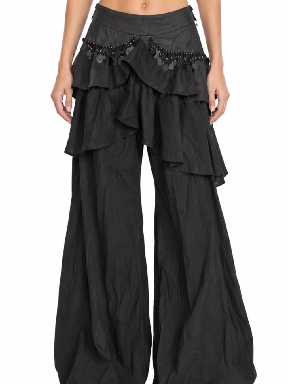 BLESS the MESS Barcelona High Rise Sequin Gypsy Boho Ruffle Black Cotton Flares